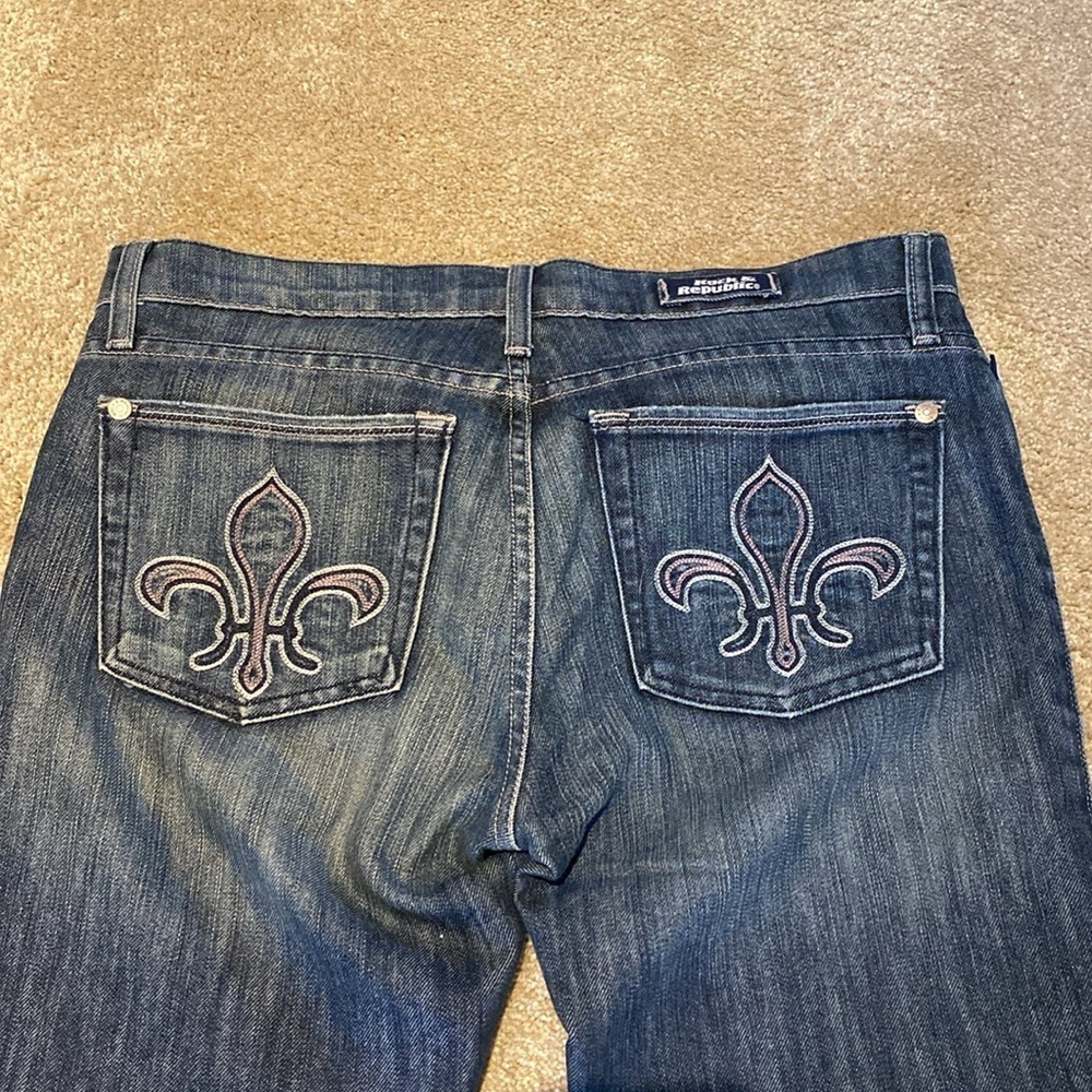 Rock & Republic ROTH Fleur De Lis Bootcut Jeans Blue Pink Sz 30 TALL 32.5"